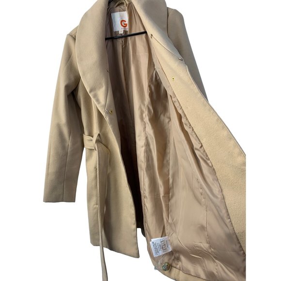 G by Guess Medium Beige Belted Single Breast Overcoat Shawl Collar EUC 6184 - Picture 9 of 13